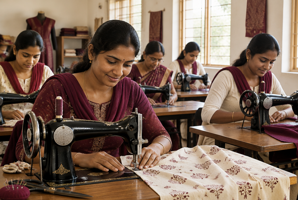 Women learning tailoring at a Suchita Seva Samiti training session