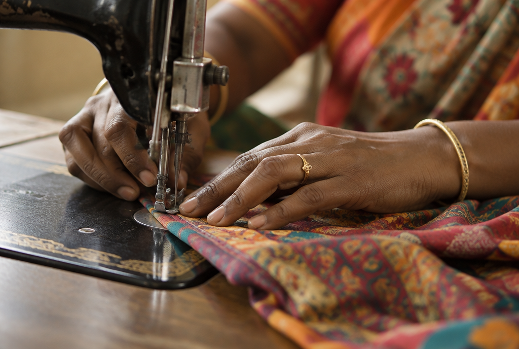 Hands guiding fabric through a sewing machine